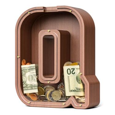 Imagem de SummiDate Cofrinho de madeira extragrossa | Cofrinho de 4 cm para meninos e meninas | Alfabeto Dinheiro | Presente de aniversário para crianças | Presente de aniversário para crianças (Q)