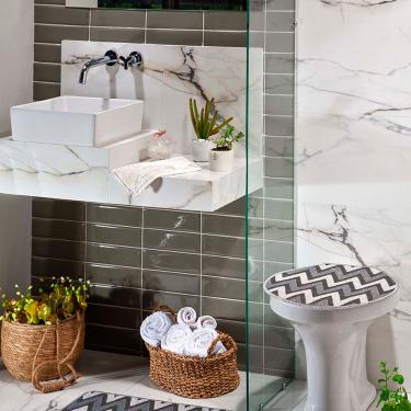 Imagem de Kit Tapete Banheiro 3 Peças Cinza Chevron Pratik