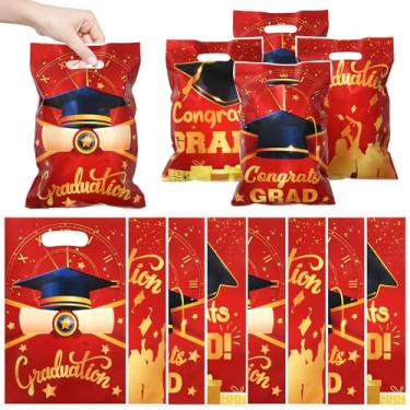 Imagem de Sacolas de presente de formatura com alças, parabéns GRAD Star, boné de formatura impresso vermelho e dourado, 50 peças de plástico doces salgadinhos de celofane para cerimônias de graduados