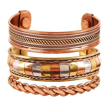 Imagem de INDTRESOR Pulseira magnética de cobre estilo tibetano. Forjada à mão com cobre puro sólido e de alto calibre. Conjunto de 3 designs diferentes com 3 tons de metal.