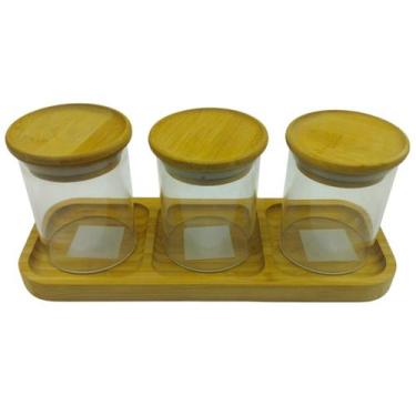 Imagem de Kit 3 Potes Mantimentos 200Ml + Petisqueira Retangular Bambu - Kadê