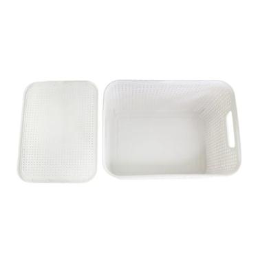 Imagem de Caixa Organizadora Empilhável Estilo Rattan, 15 Litros, Branca, com Tampa e Alças