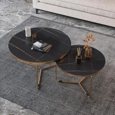 Imagem de Conjunto De 2 Mesas De Café Redondas Com Ninho, Mesas Laterais Modernas Para Sala De Estar Com Tampo De Mármore E Estrutura De Metal Resistente, Mesa De Acento Empilhável De Alto Brilho Par