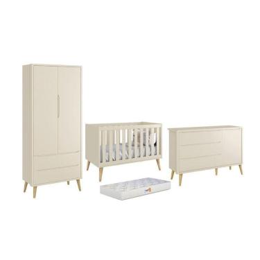 Imagem de Dormitório Theo 2 Portas, Cômoda Com Porta Areia Fosco Com Pés Madeira Natural E Colchão D18 - Reller Móveis Areia Fosco