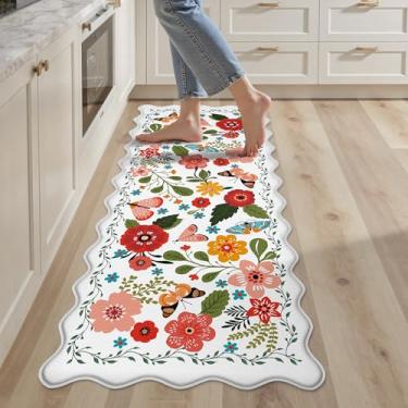 Imagem de Arenarug Tapetes de cozinha recortados para chão acolchoados, antifadiga, tapetes de cozinha, impermeáveis, antiderrapantes, boêmios, floral, confortável, espuma para lavatório, branco, 43 x 124 cm