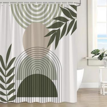 Imagem de Boho Cortina de chuveiro verde sálvia meados do século moderno abstrato retrô folhas de palmeira planta minimalista arco botânico tropical conjunto de cortina de banho com gancho