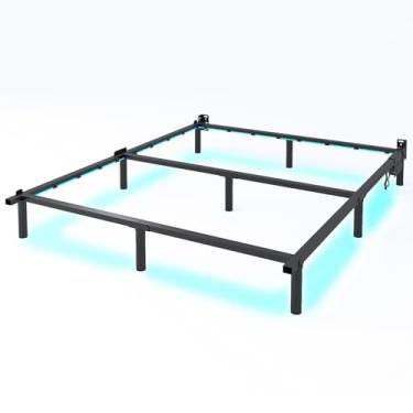 Imagem de QEROMY Estrutura de cama completa para box Spring, estrutura de cama de metal de 17 cm com luzes LED, base de cama com suporte de 9 pernas, fácil montagem sem ferramentas