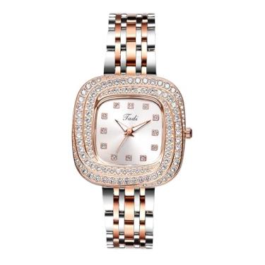 Imagem de Lancardo Relógio quadrado feminino de luxo: relógio de pulso feminino analógico de quartzo brilhante com strass e pulseira de ouro rosa prata, Mostrador prateado