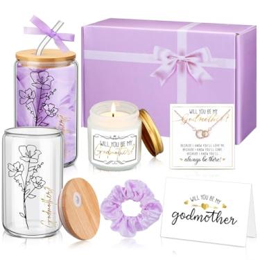 Imagem de Singhoow Conjunto de 6 peças de presente de madrinha Will You Be My Godmother 473 ml, copo de vidro, caixa de presente de vela perfumada de afilhado para o dia das mães, Natal, aniversário, batismo
