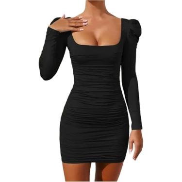 Imagem de Mulheres Sexy Bodycon Mini Vestido Outono Puff Manga Manga Longa Saia Slim Colarinho Quadrado Clube De Festa Vestidos Casuais Curtos, 0906-black, S