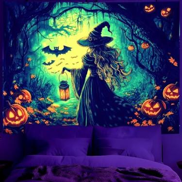 Imagem de Tapeçaria de Halloween Blacklight - tapeçaria de parede reativa UV que brilha no escuro, cena noturna de terror assustador com efeitos de esqueleto, castelo e neon, decoração estética tripla para