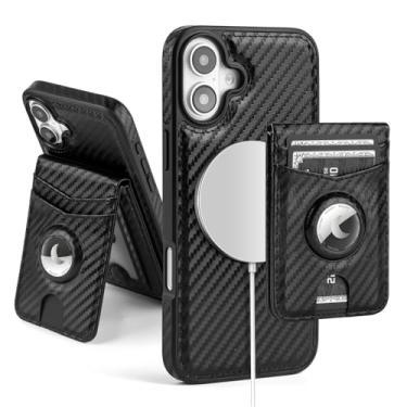 Imagem de SkyEagle Capa carteira compatível com MagSafe para iPhone 16 Plus com suporte para AirTag, 2 em 1, couro sintético, magnético, destacável, com bloqueio de RFID, suporte para cartão de crédito, capa