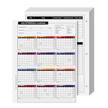 Imagem de Calendário de presença 2026 – Ótimo rastreador de trabalho diário de funcionários – brilhante e colorido, impresso em cartolina durável e grossa de 36 kg – 3 furos perfurados – 21,5 x 28 cm – 25
