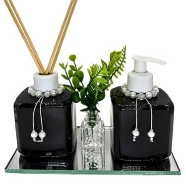 Imagem de Kit Lavabo Plástico LUXO Cubo PRETO Saboneteira e Difusor com Bandeja (BRANCO)