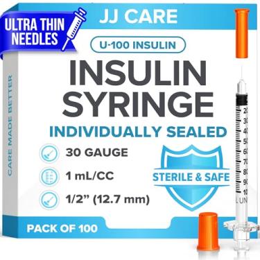 Imagem de JJ CARE Seringa De Insulina (Pacote Com 100) 1Cc/Ml 30G 1/2", Seringas U-100 Para Tratamento Diabetes, Agulhas Ultrafinas Uso Único, Descartáveis E Estéreis, Embaladas Individualmente