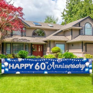 Imagem de Placa de banner de feliz aniversário de 60 anos - Grande decoração de festa de quintal ao ar livre, pano de fundo azul e prata para homens e mulheres.
