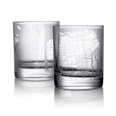 Imagem de Conjunto de 2 copos de uísque com mapa de São Francisco, copos de rochas, 25 ml, copos antiquados para beber uísque escocês, bourbon, coquetel, conhaque, vodca, gin, tequila, rum, licor de centeio