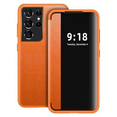 Imagem de Capa flip para Samsung Galaxy S21 Ultra S View, capa protetora de 360 graus fosca translúcida transparente para Samsung S21 Ultra, capa flip para Samsung S21 Ultra 5G (laranja)