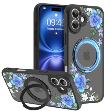 Imagem de AIGOMARA Suporte magnético giratório de 360° para iPhone 16, compatível com MagSafe, estampa floral com TPU macio e proteção traseira de policarbonato design fosco semitransparente para mulheres azul