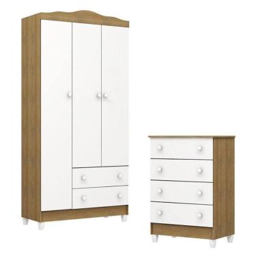 Imagem de Cômoda Gaveteiro E Guarda Roupa Mel Flat Branco Acetinado Amadeirado - Carolina