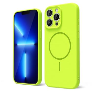 Imagem de oakxco Capa de silicone para iPhone 13 Pro Max, capa magnética fina e fina compatível com Magsafe, capa de segurança de borracha fluorescente brilhante para mulheres e meninas com capa para câmera