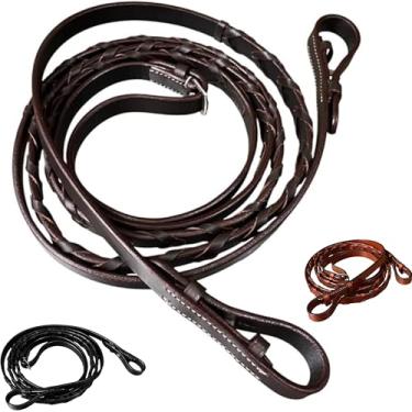 Imagem de Majestic Ally Rédeas de cavalo, tamanho completo, equitação inglesa, vários estilos e cores (rédeas com cadarço de couro, marrom, completo)