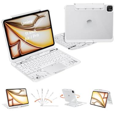Imagem de Uminy Capa de teclado para iPad de 11 polegadas Pro 4/3/2/1ª geração e iPad Air 2025 M3, 2024 M2 e iPad Air de 11 polegadas de 5ª/4ª geração, suporte giratório de 360°, capa protetora transparente com