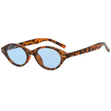 Imagem de Óculos de sol femininos pequenos com armação oval, luxuosos, com rebites, para decoração masculina, para atividades ao ar livre e viagens, UV400 (azul leopardo)