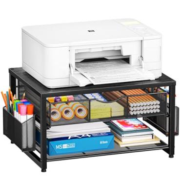 Imagem de Marbrasse Suporte de impressora de madeira para mesa, mesa de impressora de mesa de 2 níveis para escritório doméstico, suporte de impressora com gaveta de armazenamento, 2 suportes de caneta