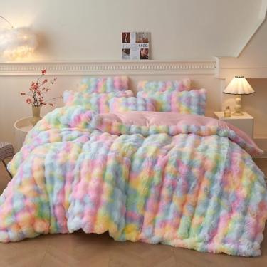 Imagem de LIFEREVO Conjunto de capa de edredom fofo de pele de coelho sintética, para adultos, meninas, crianças, adolescentes, 1 capa de edredom tie dye felpuda + 2 fronhas peludas, fecho de zíper, arco-íris