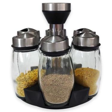 Imagem de Kit Porta Temperos Giratório Inox 6 Potes Vidro Transparente Organizad