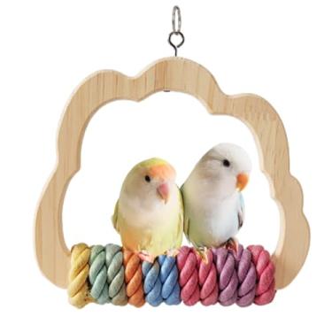 Imagem de Balanço de pássaro de madeira com cordão de algodão gradiente colorido para gaiolas de pássaros, brinquedos naturais de pendurar para periquitos, conures quakers, caiques, calopsitas, cores aleatórias