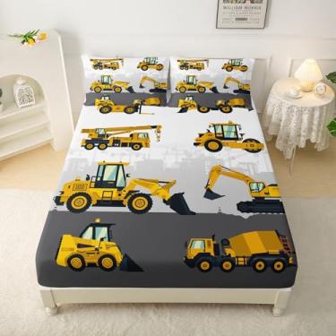 Imagem de QOOMO Jogo de lençol solteiro com estampa de caminhões, escavadeira, 4 peças, 1 lençol com elástico, 1 lençol de cima e 2 fronhas para meninos e meninas adolescentes