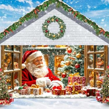 Imagem de Decoração de capa de porta de garagem de Natal, grande caixa de presente de loja de Papai Noel, faixa de cobertura de porta de garagem, banner grande de decorações de férias para festa de Natal