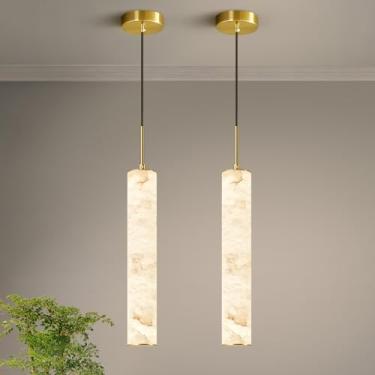 Imagem de LMQNINE Luzes pendentes de alabastro natural para ilha de cozinha, lustre de tubo longo de mármore branco, luminárias de teto douradas modernas para quarto, sala de jantar, mesa de sala de estar