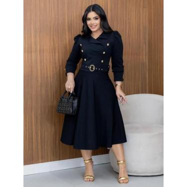 Imagem de Vestido Midi Elegante Manga Longa Social com Cinto Moda Evangélica Fes