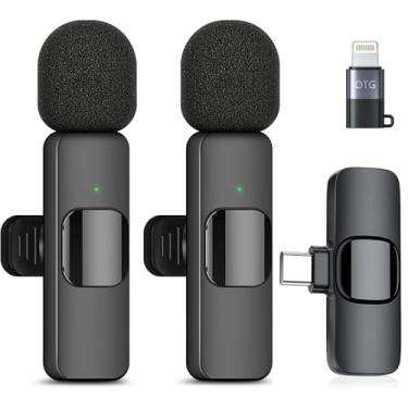 Imagem de Microfone Lapela Sem Fio com Redução de Ruído Bluetooth Kit 2 Microfonones Abafamento de Ruído Compatível (Tipo C e IOS), Camera, iPhone, Android, PC Até 10 Horas Conexão Android e USB-C Premium