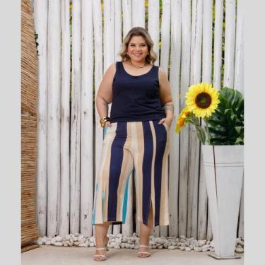 Imagem de Calça Pantacourt Monalisa Listrada Plus Size Elastico Cintura - Rosana