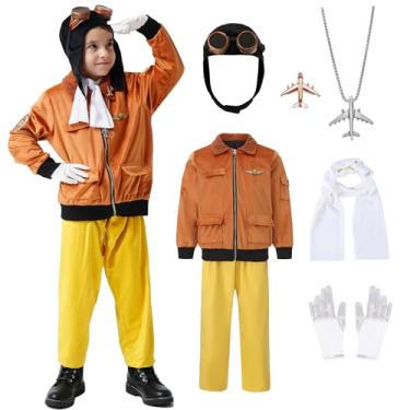 Imagem de Mecamelon 9 peças de fantasia de aviador de piloto para meninas e crianças, fantasia histórica Earhart para meninos, Marrom, 8-9 Anos