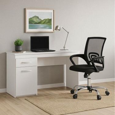 Imagem de Escrivaninha 1 Porta 1 Gaveta Vitória Branco com Cadeira Escritorio Diretor Tela Mesh Tok 3310 Preto Branco/Preto
