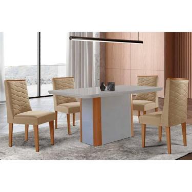 Imagem de Conjunto Sala de Jantar Pietá c/ Tampo Madeirado c/ Vidro Canto Curvo 120x80cm e 4 Cadeiras Dafne Madeira Maciça Naturale/Off White - Capuccino/Linho 