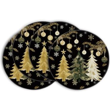 Imagem de Artoid Mode Jogo americano redondo de árvores de Natal pretas, conjunto de 4 tapetes de inverno sazonais de 35,5 cm para decoração de mesa de jantar e festa de presente