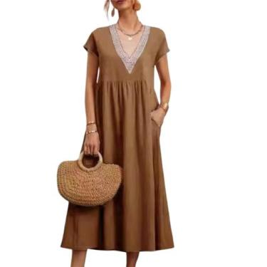 Imagem de Vestido midi Zhyaj, túnica solta, praia de verão com bolsos de algodão