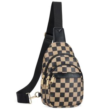 Imagem de BOSTANTEN Bolsa tiracolo de couro pequena para mulheres, pochete para viagens, Café xadrez A, 10.24 x 6.69 x 3.15 inches, Xadrez
