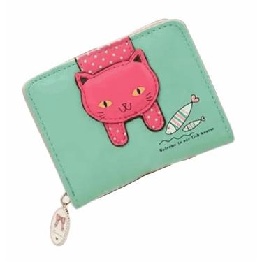 Imagem de Carteira feminina bonita de gatinho, com zíper, dobrável, curta, para moedas, dinheiro, organizador de cartões com janela fotográfica para mulheres ROSA PRETA VERDE AZUL E NUDE 12x10x3cm (Verde)