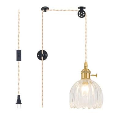 Imagem de Luminárias pendentes de plugue, luminária pendurada, luminária pendente de vidro vintage, mini lâmpada suspensa de tulipa transparente, iluminação pendente para ilha de cozinha, quarto, sala de jantar