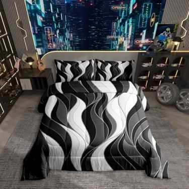 Imagem de Erosebridal Conjunto de edredom listrado preto e cinza, 3 peças, tamanho Queen, moderno, abstrato, simples, estilo arte minimalista, cinza, branco, listras, decoração de casa, leve