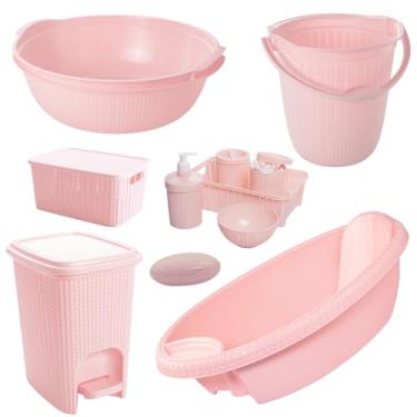 Imagem de Kit 7 Peças Banheira Bebê Trama Plasútil Bacia Balde Lixeira Kit Higiene Infantil (Rosa)