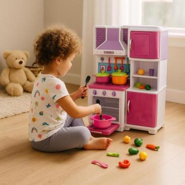 Imagem de Cozinha Infantil Rosa Completa com Fogão Forno Geladeira Freezer Utens