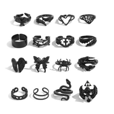 Imagem de vdwv Conjunto de anéis góticos balck para mulheres, morcego escuro, borboleta, aranha, cobra, caveira, anéis de empilhamento punk vintage legal para homens joias alternativas, open, Liga de aço, Sem